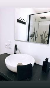 a bathroom with a white sink and a mirror at Appartement vue sur mer in Plérin