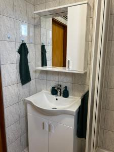 La salle de bains est pourvue d'un lavabo blanc et d'un miroir. dans l'établissement DOMUS NOSTRA, à Lovinac