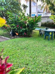 uma mesa de piquenique e bancos num jardim de relva em Casa en Condominios San Blas 5 minutos del Tunco em La Libertad