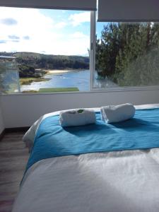 - un lit avec deux oreillers devant une grande fenêtre dans l'établissement Reserva del Arrayan, à Tota