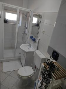 e bagno con servizi igienici, doccia e lavandino. di Punta Faro a Zara (Zadar)