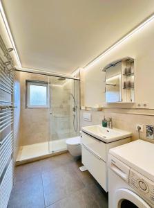 ein Bad mit einer Dusche, einem WC und einem Waschbecken in der Unterkunft Ferienwohnung Lotti + Hochschwarzwald Card in Titisee-Neustadt