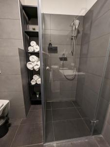 a shower with a glass door in a bathroom at Lend City Apartment Family keyless entry in Graz
