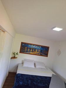 een slaapkamer met een bed met een schilderij aan de muur bij Down The River Hostel in Iporanga