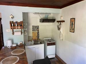 a small kitchen with a stove and a sink at El Pillan "Travelers" House in Santiago