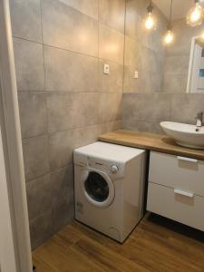 Mieszkanie w centrum Tarnowa 2.0 في تارنوف: وجود غسالة في الحمام مع وجود مغسلة