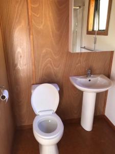 La salle de bains est pourvue de toilettes blanches et d'un lavabo. dans l'établissement The River Shack, à Nelson