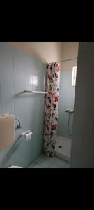 a bathroom with a shower curtain and a toilet at Koletsis Rooms (Villa Koletsis) in Ammoudia
