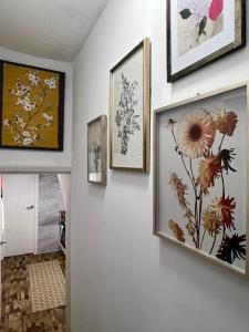 a hallway with three framed pictures on the wall at Cambridge Heritage Apartments in Cambridge