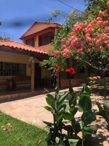 ein Haus mit einem Baum mit rosa Blumen davor in der Unterkunft Chácara Aconchego in Três Marias