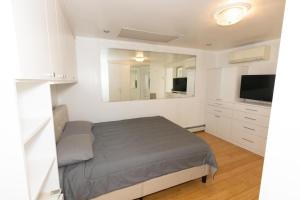 1 dormitorio con cama y espejo grande en Charming 2-Bed Apt Mins from NYC - Sleeps 7, en Union City