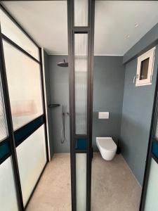 a bathroom with a toilet and a glass door at Kratísti in Ermoupoli