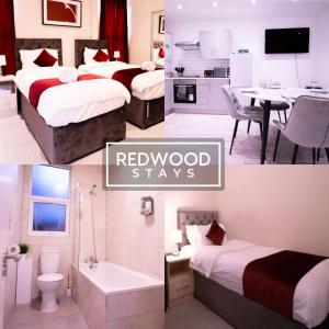 una camera d'albergo con due letti e un bagno di Everest Lodge Serviced Apartments for Contractors & Families, FREE WiFi & Netflix by REDWOOD STAYS a Farnborough