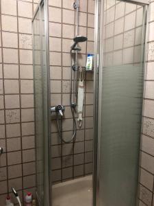 y baño con ducha y puerta de cristal. en Hotel Apartment, en Colonia