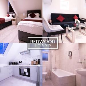 Everest Lodge Serviced Apartments for Contractors & Families, FREE WiFi & Netflix by REDWOOD STAYS في فارنبورو: حمام وغرفة نوم مع سرير ومغسلة