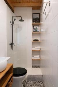 a bathroom with a shower with a toilet and a sink at Cosy flat, heart of the city in A Coruña