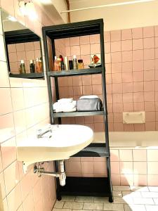 een badkamer met een wastafel en een plank bij Zeebries in Blankenberge