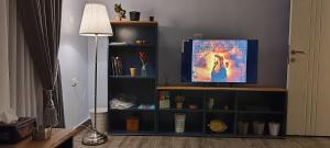 una sala de estar con TV en un estante de libros en The Boutique Hotel Amman, en Amán