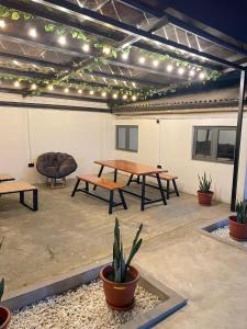 a group of picnic tables in a room with plants at Spacious 2-Bedroom Mediterranean-Inspired Home in Ikeja