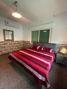 1 dormitorio con 1 cama grande con almohadas rojas en Andalius1, en Irbid