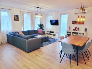 a living room with a couch and a table at Moonshine Érd in Érd