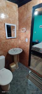 een badkamer met een wastafel, een toilet en een spiegel bij Estanislao López 127 in Puerto Iguazú