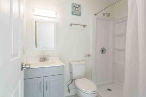 a white bathroom with a toilet and a shower at Studio w/ King Bed near Dwtn in Rochester +7 photos