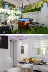 a kitchen and a living room with a table and an umbrella at Malaga Chic jacuzzi y playa in Málaga