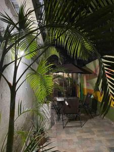 um pátio com uma mesa e cadeiras e uma palmeira em Apartasuite 10-72. 2 em Santa Marta