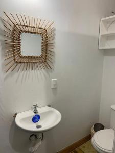 a bathroom with a sink and a mirror on the wall at Finca del Mar Frente la Playa Room 4 in Puerto Viejo