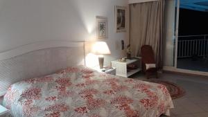 1 dormitorio con cama, lámpara y ventana en La Case à Méline en Le Gosier