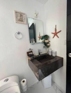 阿卡普爾科的住宿－Acapulco Lux，一间带水槽、卫生间和镜子的浴室