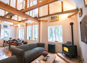 a living room with a couch and a wood stove at Snow Horizon in Hakuba