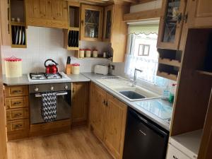 a small kitchen with a stove and a sink at Spacious caravan with DG, CH & veranda in Skegness