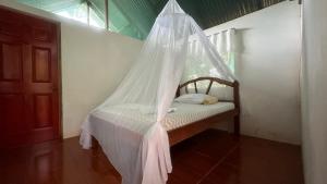 Bett mit Moskitonetz in einem Zimmer in der Unterkunft Ecoturístico La Tarde in Puerto Jiménez
