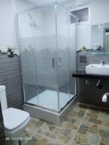 a bathroom with a shower and a toilet and a sink at Shehan villa in Beruwala