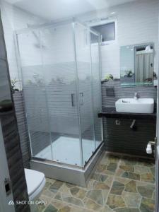 a bathroom with a shower and a toilet and a sink at Shehan villa in Beruwala