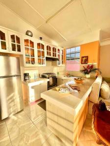 a kitchen with a refrigerator and a counter top at Tropical Penthouse Overlooking Caribbean Sea in Mahaut
