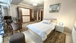 um quarto com uma cama, uma secretária e uma cadeira em Cannes Hotel em Shymkent