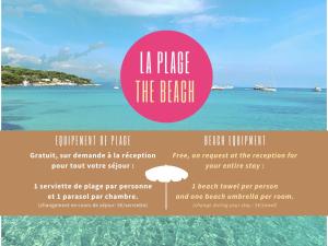 a flyer for a beach with an island in the background at La Jabotte in Antibes