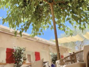 a tree in front of a house with red doors at La Jabotte in Antibes