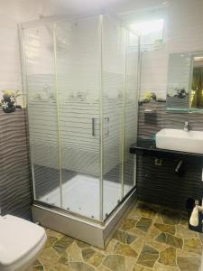 La salle de bains est pourvue d'une douche, de toilettes et d'un lavabo. dans l'établissement Shehan Villa, à Beruwala