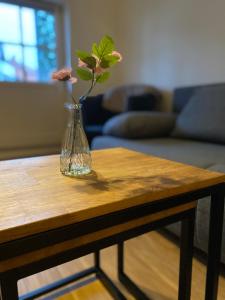 a vase with a flower in it sitting on a table at PrimeBnb Bad Hersfeld in Bad Hersfeld