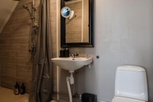 La salle de bains est pourvue d'un lavabo, de toilettes et d'un miroir. dans l'établissement Guestly Homes - Central Charm, à Boden