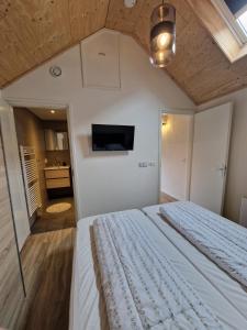 ein Schlafzimmer mit einem Bett und einem TV an der Wand in der Unterkunft Zoetenaar Zoutelande in Zoutelande
