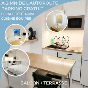 a collage of photos of a room with a desk and a kitchen at T1 rénové à Nîmes in Nîmes