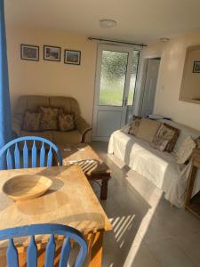 a living room with a bed and a couch at Delightful chalet, overlooking estuary! in Ferryside