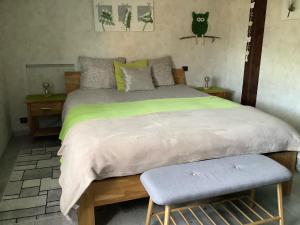 a bedroom with a large bed with a green blanket at Le chouette gîte in Sélestat