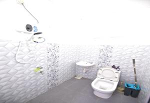 een witte badkamer met een toilet en een wastafel bij OYO 90908 Noor Arfa River Chalet in Kuala Terengganu