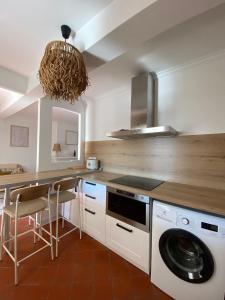 uma cozinha com um balcão e uma máquina de lavar e secar roupa em Deux chambres avec terrasse dans le centre ville d'Aix en Provence em Aix-en-Provence